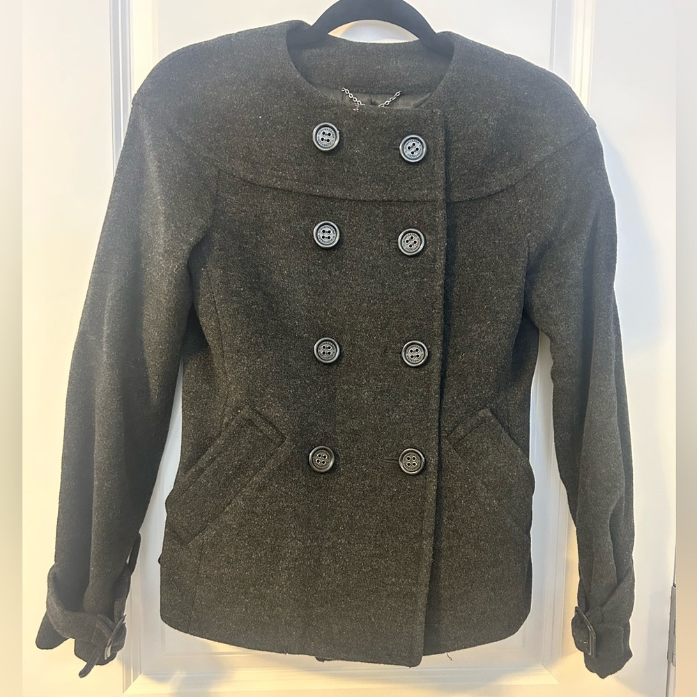 BCBG Charcoal Double-Breasted Pea Coat, almost wool, size XS